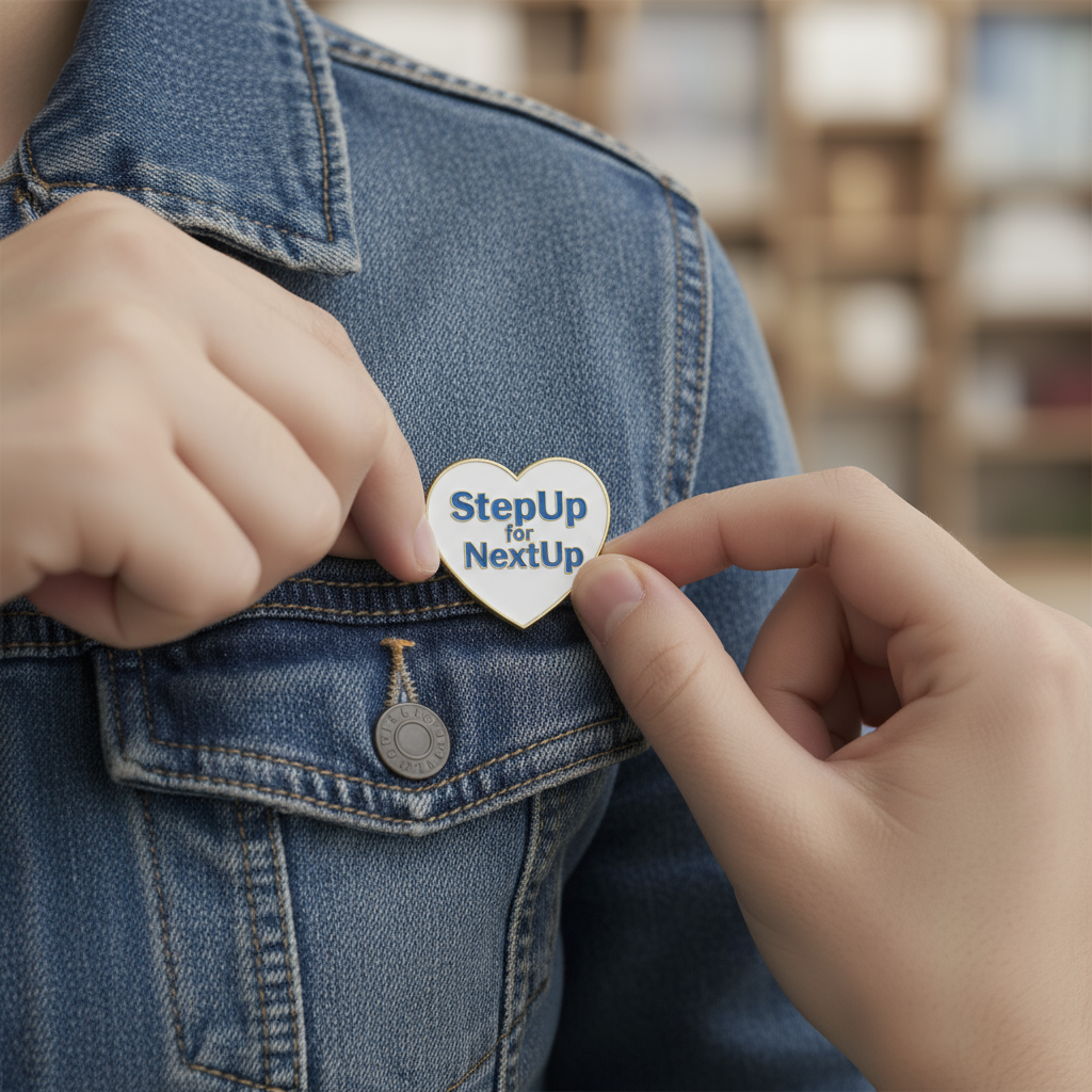 A close-up of hands placing a heart-shaped pin or badge reading “StepUp for NextUp” on a denim jacket. The image symbolizes personal commitment, compassion, and action toward empowering youth.