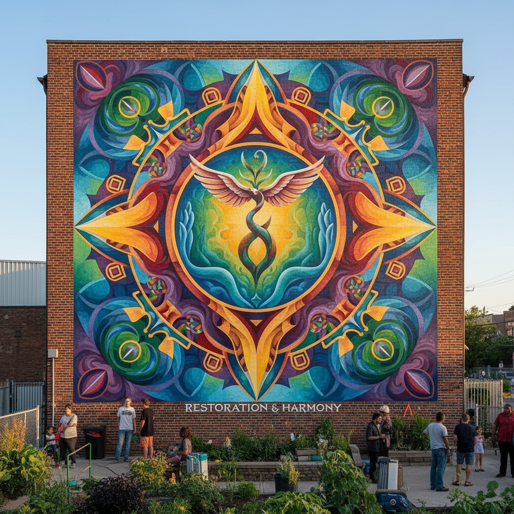 A colorful wall mural depicting abstract shapes of balance and unity, symbolizing restoration and community harmony.