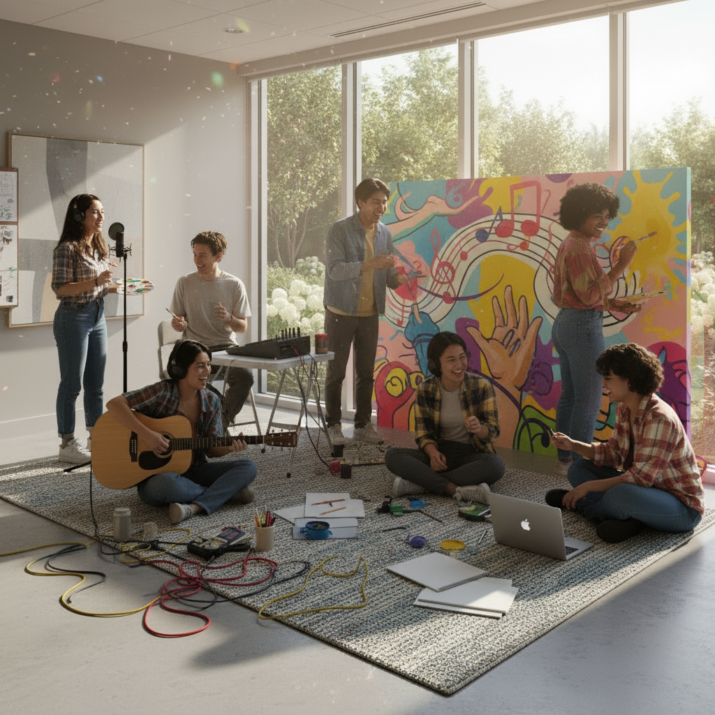 A diverse group of young people smiling and collaborating on a creative project — painting a mural, recording music, or brainstorming ideas together — symbolizing empowerment, community, and self-expression.