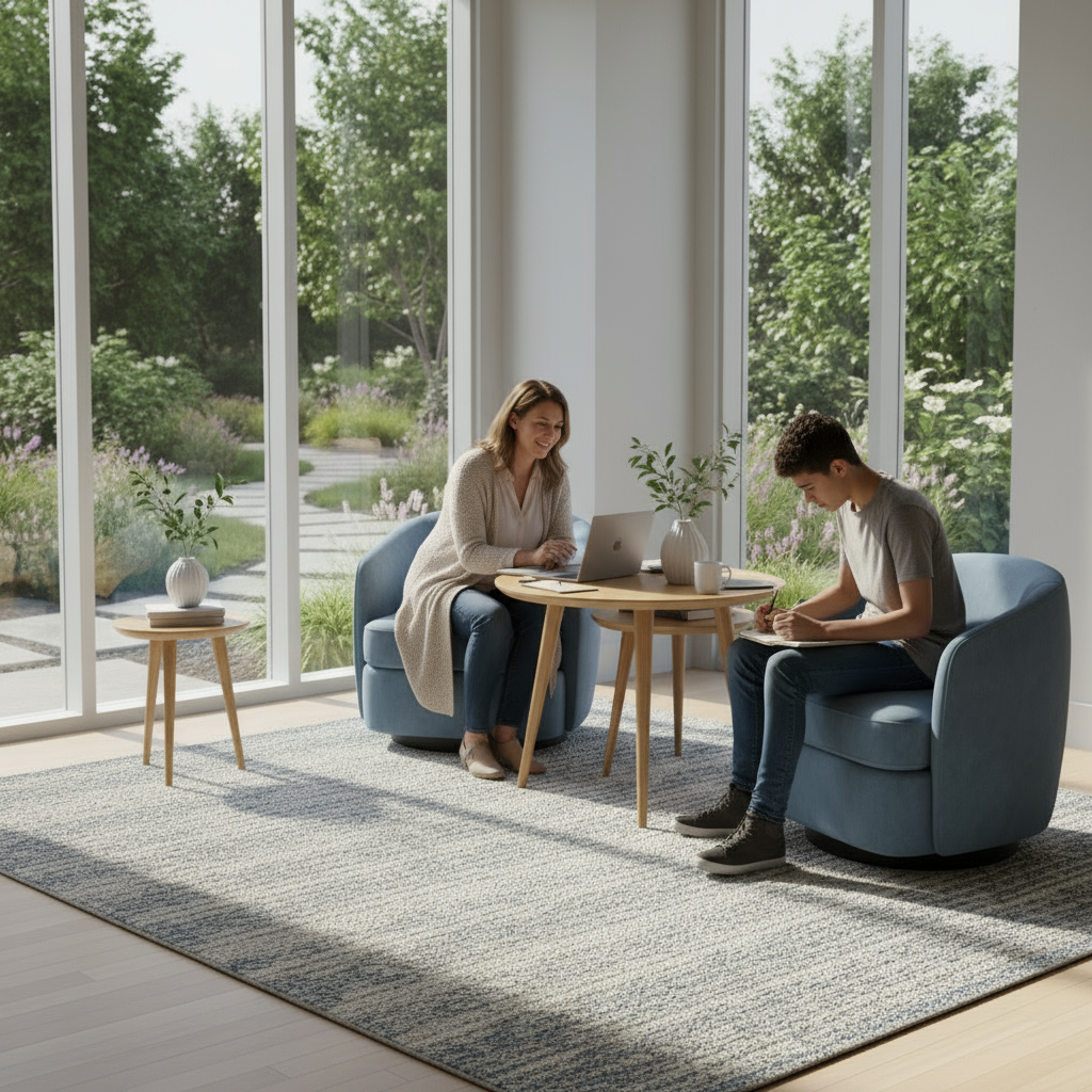 A mentor speaking with a young person in a welcoming community space, both seated at a table with notebooks and laptops. The image communicates guidance, support, and the process of personal growth and reintegration.