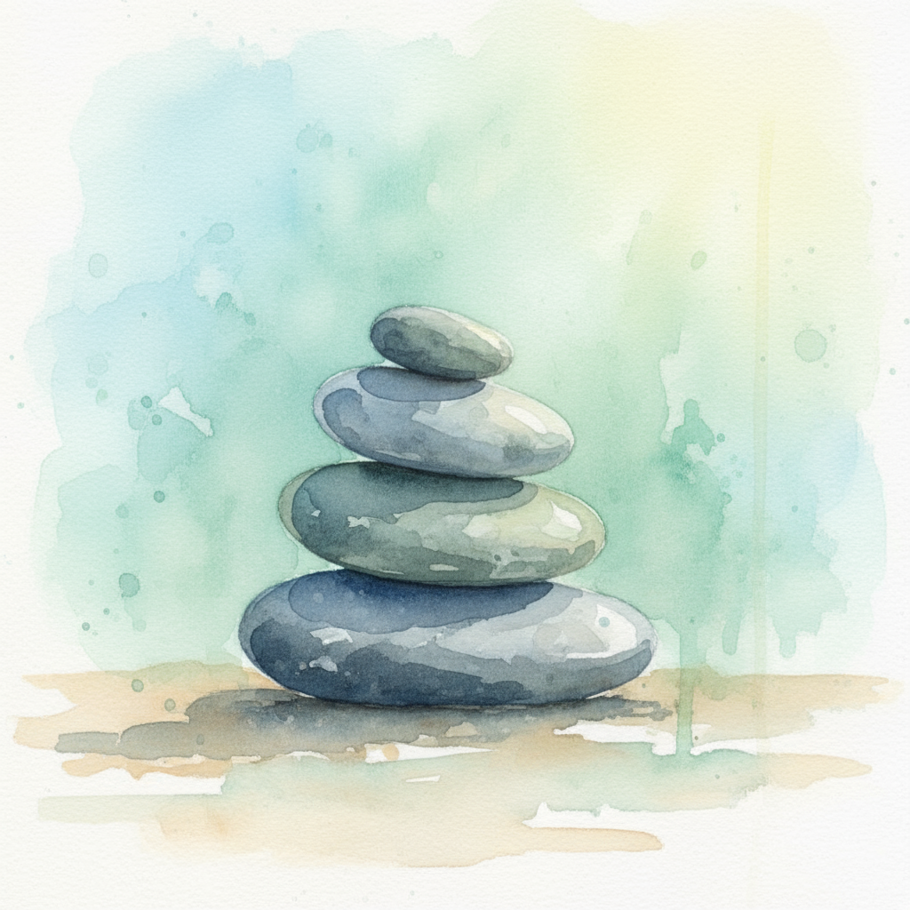 A stack of smooth, balanced stones on soft sand with gentle sunlight filtering through, symbolizing calm, mindfulness, and emotional balance.