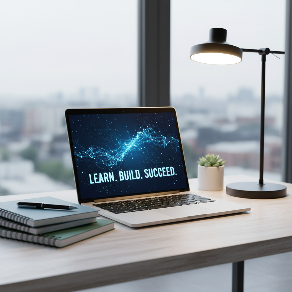 An open laptop on a clean desk with notebooks, a pen, and a glowing desk lamp, representing learning, skill-building, and career readiness.