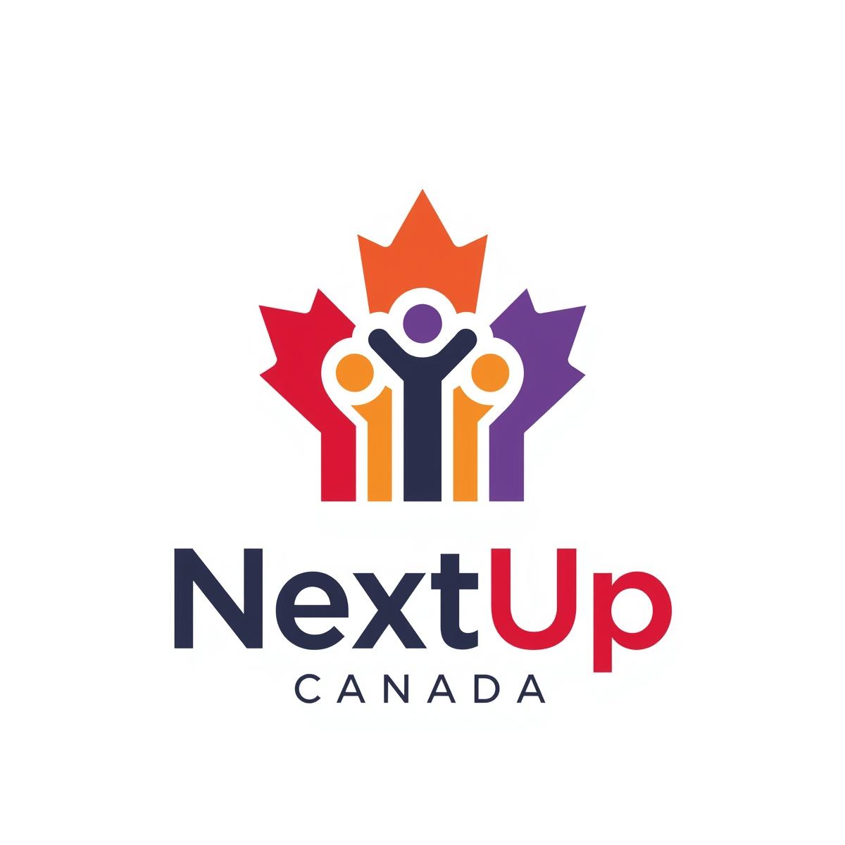 NextUp Canada logo made of human figures in orange, purple, and blue dressed as leafs with a maple leaf in orange, green, ...