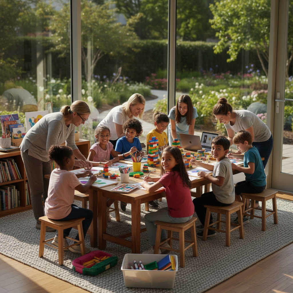 Volunteers assisting youth in a creative or educational workshop, with supplies like art materials, books, or laptops. Youth are actively participating and smiling, with mentors providing guidance. The setting feels energetic, safe, and inspiring.