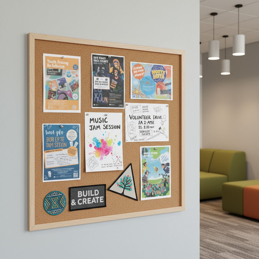 A corkboard, possibly in an office or school setting, features a collection of colorful posters showcasing various events ...