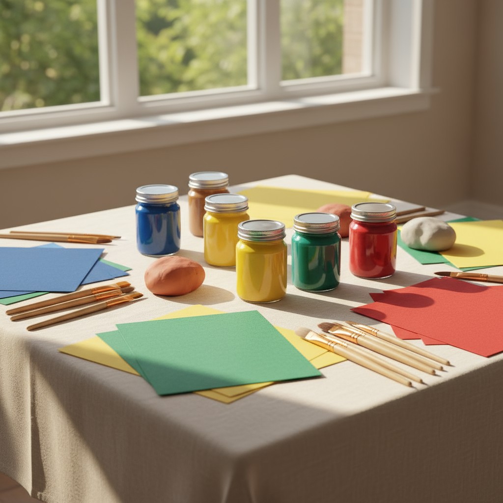 An art studio keeps supplies within reach; rows of different paints near a collection of paintbrushes, and colored paper, ...