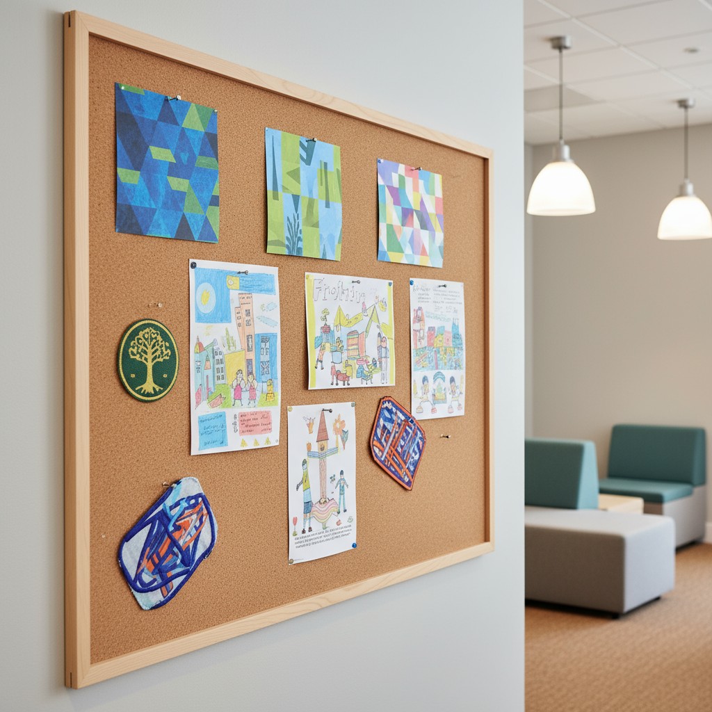A corkboard on a wall in an office or classroom setting, featuring colorful artwork and notes.