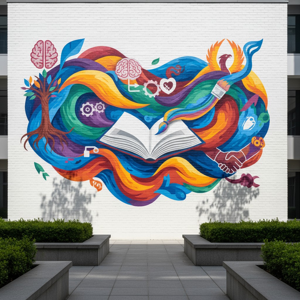 A vibrant wall mural on an exterior white concrete wall, showcasing a swirling pattern of colors mixed with several learni...